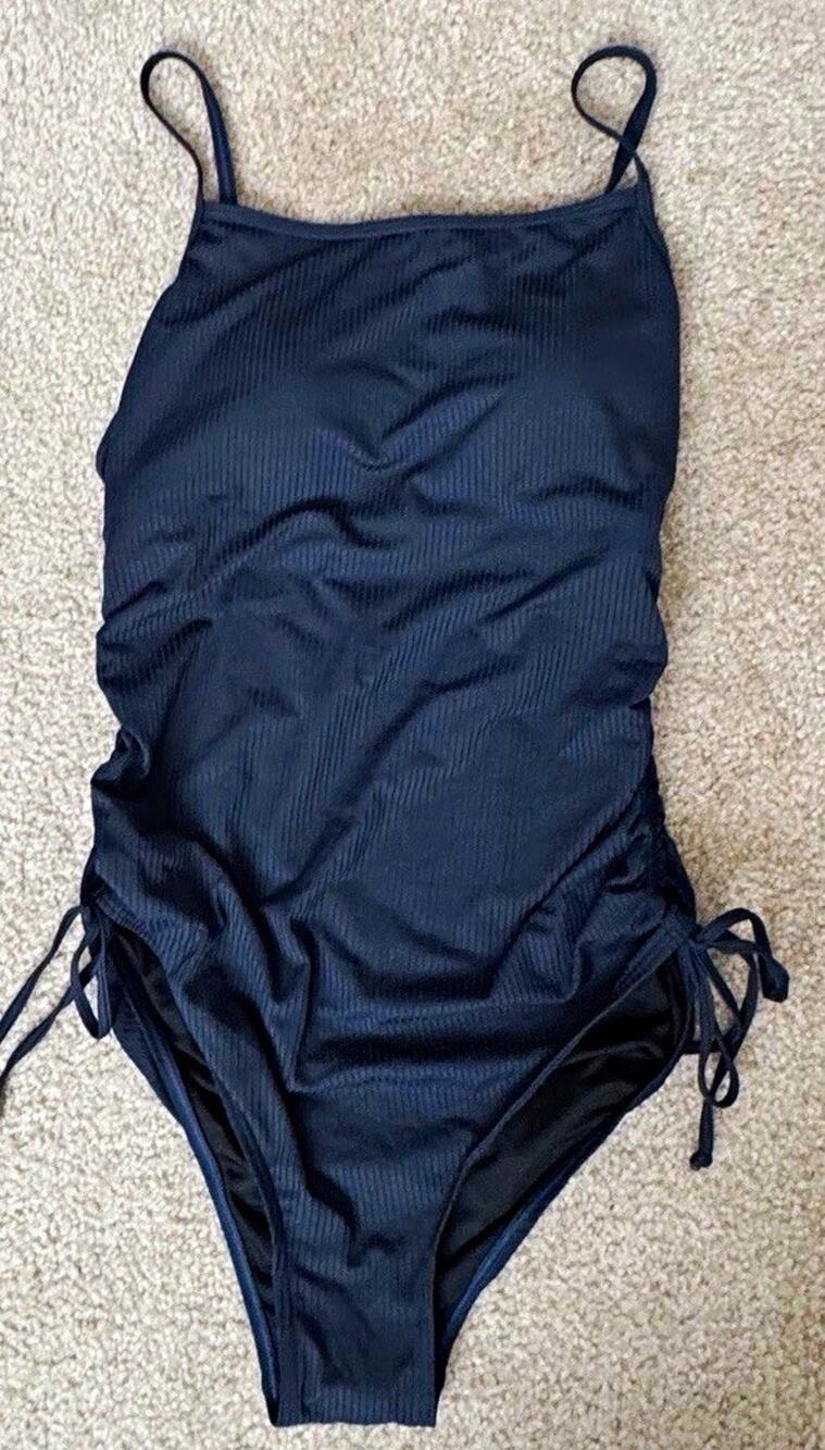 Attraco Women XL Navy Ribbed One Piece Swimsuit Ruched Side Tie Padded NWT